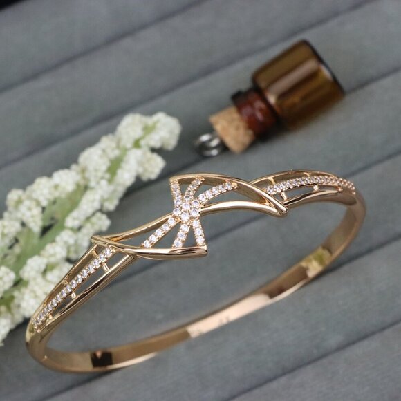 Radiant Rose Gold Bangle with Starburst CZ Accents, XPBL0461 - Picture 1 of 11
